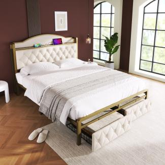 Merax Polsterbett mit USB Typ C Ladefunktion und Schubladen, Doppelbett 140 x 200 Stauraumbetten mit Lattenrost aus Metallrahmen, HellBeige