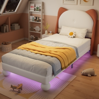 Merax Polsterbett 90x200cm, Einzelbett, Kinderbett, Katzenohren-Kopfteil, Farblich anpassbare LED-Lichtleiste unter dem Bett, Stabile Lattenroste, PU, Beige + Gelbbraun