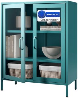 Vitrinenschrank Wohnzimmer klein EKER - 3 Ebenen, Metall | Glasvitrine Bücherschrank Büroschrank Aktenschrank mit Glasfenster Metallschrank, 101,5x80x40cm Türkis