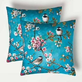 Homescapes Dekokissen Gartenkissen Vögel & Blütenzweige – 2er-Set Outdoor Kissen 45x45 cm