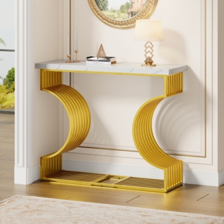 Beistelltisch 100×30×80 cm, Konsolentisch mit weißer Hochglanz-Tischplatte & goldenem Kronenfuß