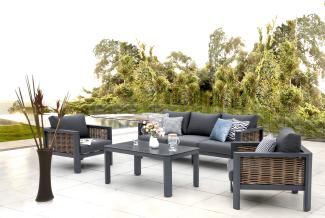 Gartenlounge Garnitur Calgary - großes Sofa + Tisch 120x70 cm + 2 bequeme Lounge Sessel