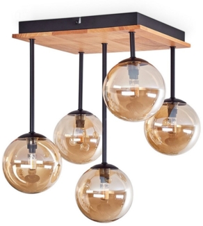 hofstein Deckenleuchte Deckenlampe aus Metall/Holz/Glas in Schwarz/Natur/Bernsteinfarben, ohne Leuchtmittel, Leuchte mit Schirmen aus Glas (12 cm), 5 x G9, ohne Leuchtmittel