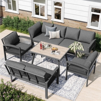 OKWISH Sofa Gartenmöbelset,mit verzinktem Eisengestell, Garten-Lounge-Set für 8 Personen – Wetterbeständiges Möbelset mit Seilarmlehnen, Holzmaserung-Tisch & verstellbaren Beinen für Garten, Terrasse & Balkon – Inklusive Kissen, mit Relaxfunktion
