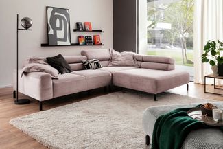 KAWOLA Sofa DELIA Ecksofa XL Cord rosa mit motorischem Sitzvorzug Recamiere rechts 74 x 219 x 312 cm