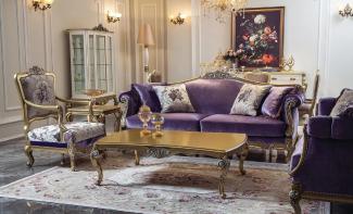 Casa Padrino Luxus Barock Wohnzimmer Set Lila / Gold / Silber - 2 Barock Sofas & 2 Barock Sessel & 1 Barock Couchtisch - Wohnzimmer Möbel im Barockstil - Barock Möbel - Barock Einrichtung