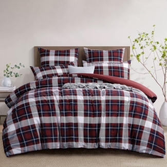 Bettwäsche Set 200x200 Rot Tartan Muster Mikrofaser Reißverschluss