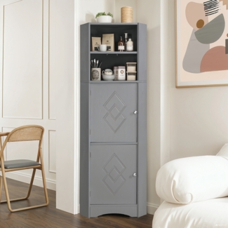 Merax Badschrank, Badmöbel, Eckschrank mit zwei Ablagefächern, offenes Fach mit verstellbarem Einlegeboden, 36.5 x 36.5 x 155 cm, hellgrau