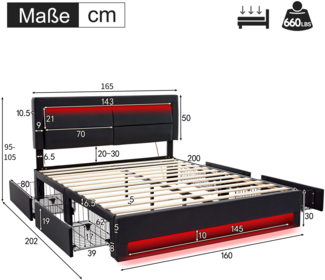 Merax Polsterbett LED Doppelbett 160x200cm mit USB-Anschluss und 4 Schubladen, schwarz