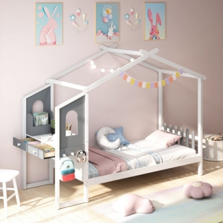 COSTWAY Kinderbett, Hausbett, mit Lattenrost & Schreibtisch, 90x200cm