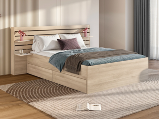 Vente-unique - Bett mit Stauraum - 160 x 200 cm - Holzfarben + Lattenrost + Matratze - TENALIA II