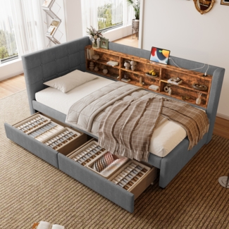 Merax Polsterbett Daybett, 90*200cm, Tagesbett, Schlafsofa, mit 2 Schubladen, USB + Typ C, mehreren Ablagefächern, (ohne Matratze), Leinen, Grau