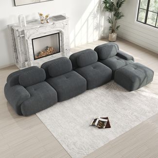Ecksofa modularer 4‑Sitzer, Cordstoff Grau, 32D hochelastischer Schaum, geschwungene Armlehnen, montagefrei, 75 x T 388 x B 178 cm
