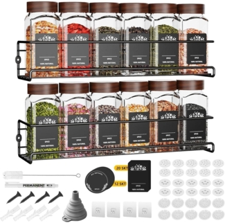 2-teiliges Hängendes Gewürzregal ohne Bohren mit 12 Holzgläsern - Wand Gewürz