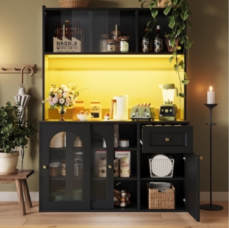 MODFU Hochschrank Küchenschrank,Vitrinenschrank,Buffetschrank (Moderne Küchenschrank mit LED-Beleuchtung, verstellbaren Ablagen und Kippschutz – Esszimmerschrank, Hochschrank, Buffetschrank für Küche, Wohnzimmer und Flur, mit Glas-Türen und Aluminiumgr...