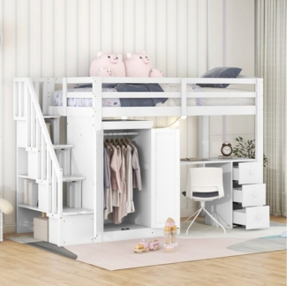 Ulife Hochbett Kinderbett Einzelbett mit Schreibtisch und Kleiderschrank (1-St, Ohne Matratze) 90x200cm,Weiß