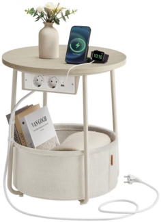 VASAGLE Beistelltisch rund, kleiner Tisch, Couchtisch mit Steckdose, Wohnzimmertisch, Korb aus Stoff, Stauraum für Wohnzimmer Schlafzimmer, Nachttisch modern, naturbeige-cremeweiß