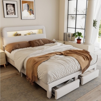 PXloue Stauraumbett Polsterbett mit Stauraum (Doppelbett 160x200 cm (USB-Ladeanschluss), 2 Schubladen, mit stabilem Lattenrost & gepolstertem Kopfteil