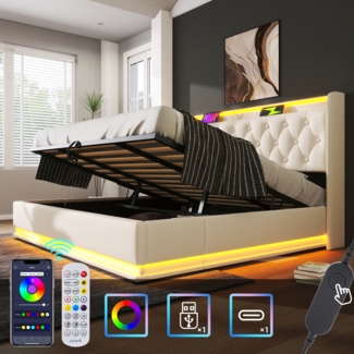 Polsterbett 180x200 cm Weiß mit 360° LED-Beleuchtung, Kopfteil mit USB Typ-C Ladefunktion & hydraulischem Stauraum