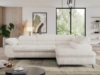 Ecksofa mit Bettfunktion, Modern Sofa, L-form, Einstellbare Kopfstützen, Bettkasten, PEDRO, 1x Ecksofa, Beige, Cord, rechts