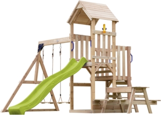 AXI Mette Spielturm aus Holz mit 2 Schaukeln XXL Spielhaus / Spielplatz für Kinder mit Picknicktisch, Sandkasten & Rutsche in Hellgrün | Braun, Gelb | Holz | 383 cm