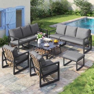 Merax Gartenloungeset 9 Personen, Gartenmöbelset Gartensofa mit Tisch und Kissen, Balkonmöbelset Sitzgruppe 7-tlg, Gartengarnitur Grau
