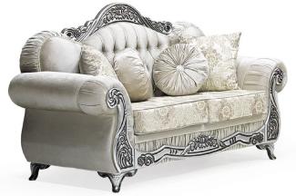 Casa Padrino Luxus Barock 2er Sofa Grau / Creme / Silber / Schwarz - Prunkvolles Wohnzimmer Sofa mit elegantem Muster und Glitzersteinen - Luxus Wohnzimmer Möbel im Barockstil - Barock Möbel