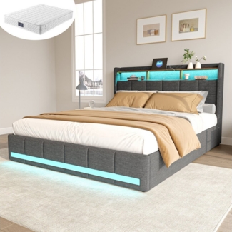 Furnishings Home Polsterbett Stauraumbett Doppelbett Jugendbett (Vier extra große Schubladen unter dem Bett), Mit LED-Beleuchtung, Matratze, USB & TYPE-C, Leinen, 140x200 cm