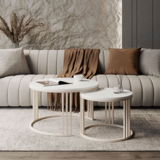 Lookway Couchtisch LORI 2in1 HOCHGLANZ, runder Couchtisch mit kaschmirfarbenem Gestell (2er Set), Durchmesser: ⌀70 cm und ⌀50 cm