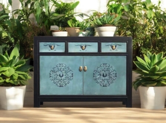 Vintage Kommode Blau verziert chinesisch Schrank Sideboard Kolonial-Stil Antik-Stil Lowboard asiatisch orientalisch Fernost shabby-chic Landhaus