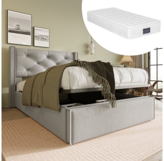 PHOEBE CAT Boxspringbett (Polsterbett Einzelbett 90x200 cm mit edler Knopfheftung und Matratze), Hydraulisches Funktionsbett mit Bettkasten und Lattenrost, Baumwolle