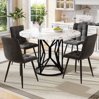 Esstisch-Set 5-teilig, runder Tisch 76x100 cm & 4 Samtstühle, Weiß/Schwarz/Grau