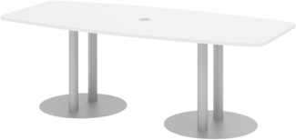 bümö Konferenztisch oval 220x103 cm großer Besprechungstisch in weiß, Besprechungstisch mit Säulen in Silber, Meetingtisch für 8 Personen, XL-Tisch für Besprechungsraum & Meeting, KT22S-W-S