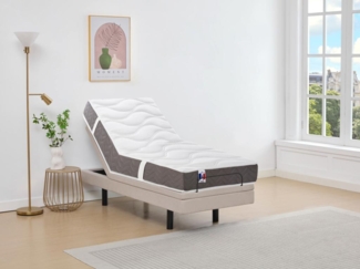 Dekoratives Bett mit elektrischer Relaxfunktion + 3-Zonen-Matratze aus 100 % Latex - 90 x 200 cm - Stoff - Beige - PANISOLA von DREAMEA