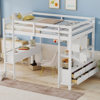 Flieks Hochbett Kiefer Kinderbett mit Schreibtisch & Stauraumregal 140x200 cm