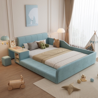 Merax Polsterbett Kinderbett 140x200 cm mit Schreibtisch und Hocker, Bodenbett Doppelbett mit Rausfallschutz, Holzbett mit Lattenrost, Samt, Blau