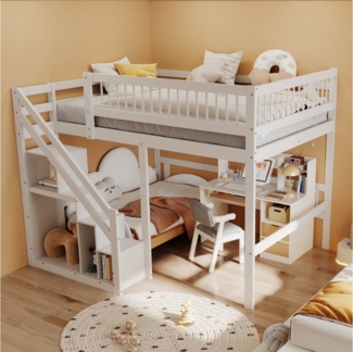 Flieks Hochbett Massivholz Doppelbett Kinderbett 140x200cm mit Stauraumtreppe