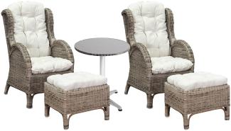 Luxus Rattan Set 2 x Relaxsessel mit Fußhocker + Bistrotisch rund