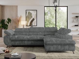 Ecksofa mit Bettfunktion, Modern Sofa, L-form, Einstellbare Kopfstützen, Bettkasten, PEDRO, 1x Ecksofa, Dunkelgrau, Cord, rechts