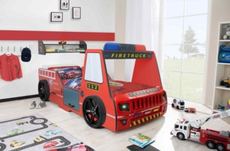 Autobett Kinder 90x200 cm Feuerwehrbett "Rio Firetruck" mit LED-Licht und Sirenenoptik Rot, Creativ Fresh Plus H2, mit Bettwäsche, Spoiler Regal