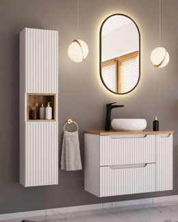 Badmöbel Set 3-teilig mit 80cm Waschtisch, weiß und Eiche, NEWPORT-56-WHITE