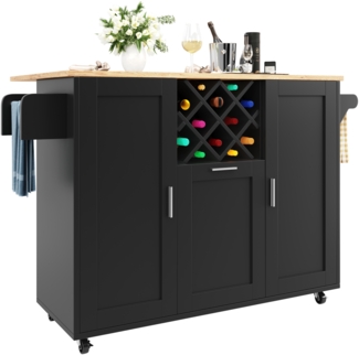 Merax Kücheninsel mit herausnehmbaren Trennwänden, Küchenschrank, Esszimmerwagen mit Arbeitsplatte, Buffetschrank, Esszimmerwagen mit Holzmaserung, seitlicher Handtuchhalter mit Flaschenhalter, schwarz