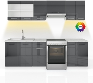 Vicco Küchenzeile Anthrazit 240 cm , AP Marmor mit LED-Leisten, Raul