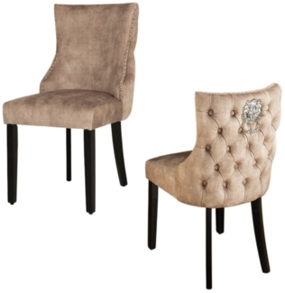 LebensWohnArt Stuhl Edler Stuhl LEON Samt beige Löwenkopf Nieten Chesterfield