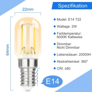 ZMH 2er pack E14 LED Kaltweiß Glühbirne: T22 Vintage LED Lampen 2W Retro Edison Sockel Birne 6000K Kaltweiss Leuchtmittel Energiesparlampe E14 Fassung Kühlschranklampe Light Bulb Nicht dimmbar