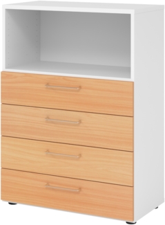 bümö smart Schubladenschrank, Büroschrank 80cm breit in Weiß/Buche mit 4 Schüben & 1 Regalfach - Bürocontainer aus Holz, Container mit Metallgriffen & Soft-Stop Schubladen, 938S4-W-6-BS
