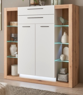 Highboard Rivian in weiß matt und Eiche 141x139 cm