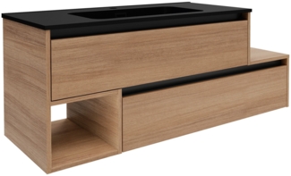 FACKELMANN VITA Waschbecken mit Unterschrank 129 cm breit, Braun hell, Waschbecken Gussmarmor Schwarz matt, Ablage rechts, asymmetrisch