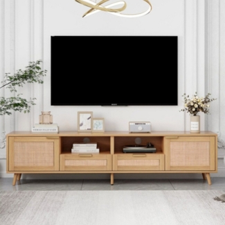 XDeer Sideboard TV-Konsolentisch,TV-Schrank mit echtem Rattandesign, TV-Schrank, mit massiven Holzfüßen,Geflochtener Rattan-TV-Boards - 200*37*49cm