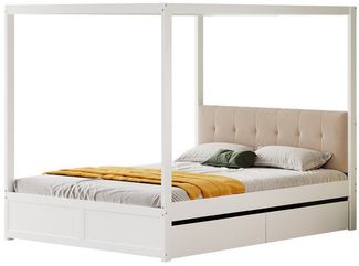 BlingBin Himmelbett Jugendbett Doppelbett Massivholzbett mit Schubladen und Rückenlehne (1er Set, 1-tlg, 140*200 cm, Ohne Matratze, Gewichtskapazität: 200KG), Holzbett aus Metall, Sperholz und MDF für Schlafzimmer, Weiß